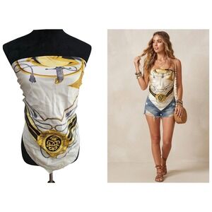 VINTAGE Jaeger Scarf Top Cream Gold Equestrian Military Print 33"x33"‎ Old Money